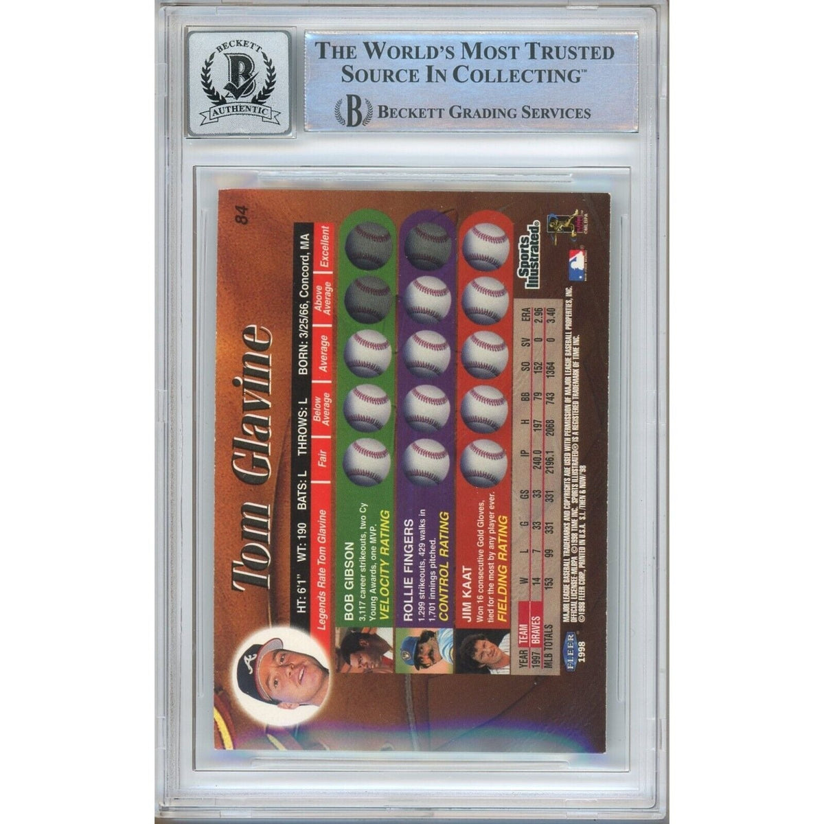 Tom Glavine Atlanta Braves Signed Autograph Trading Card Beckett BGS