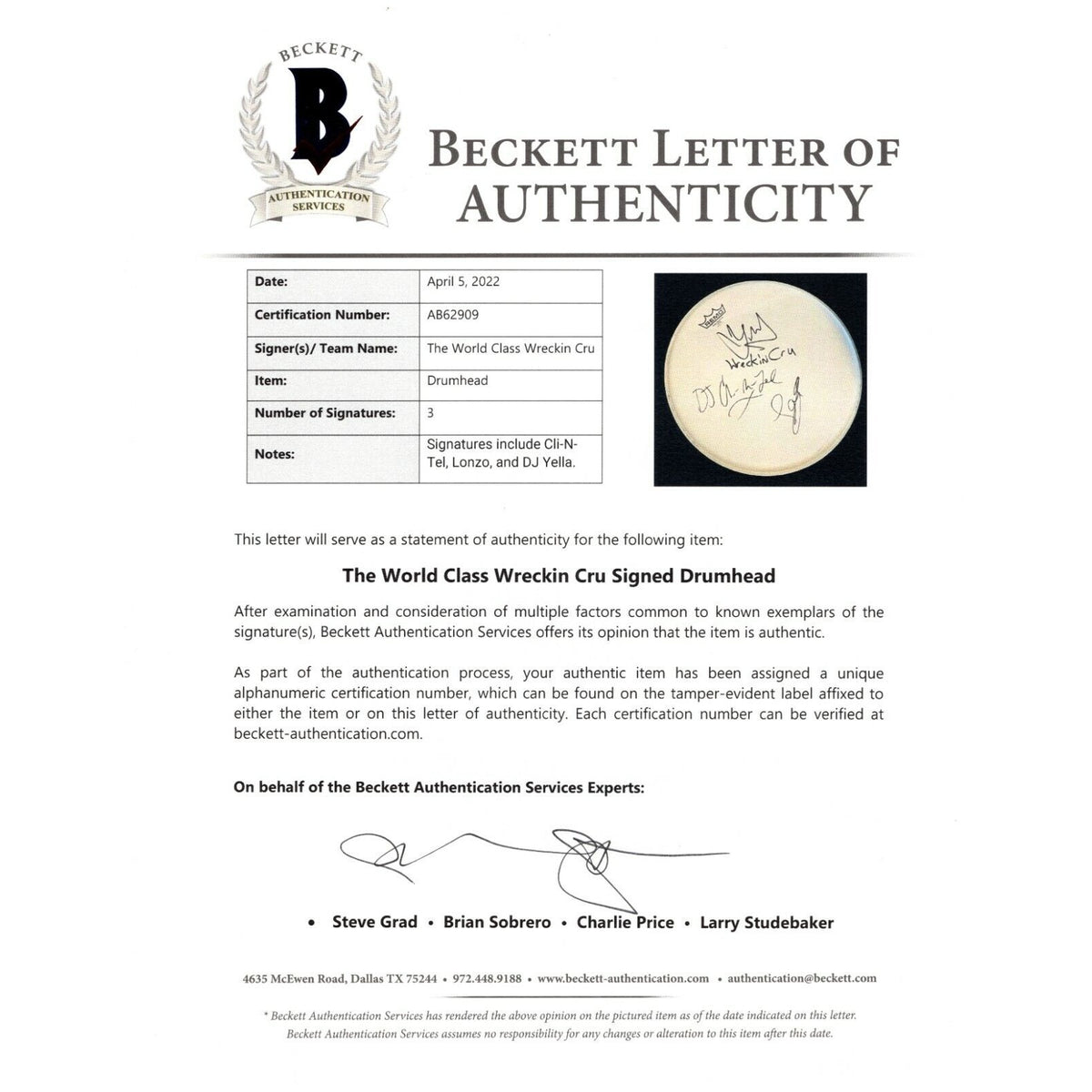 World Class Wreckin Cru Signed Autograph Memorabilia Beckett BAS