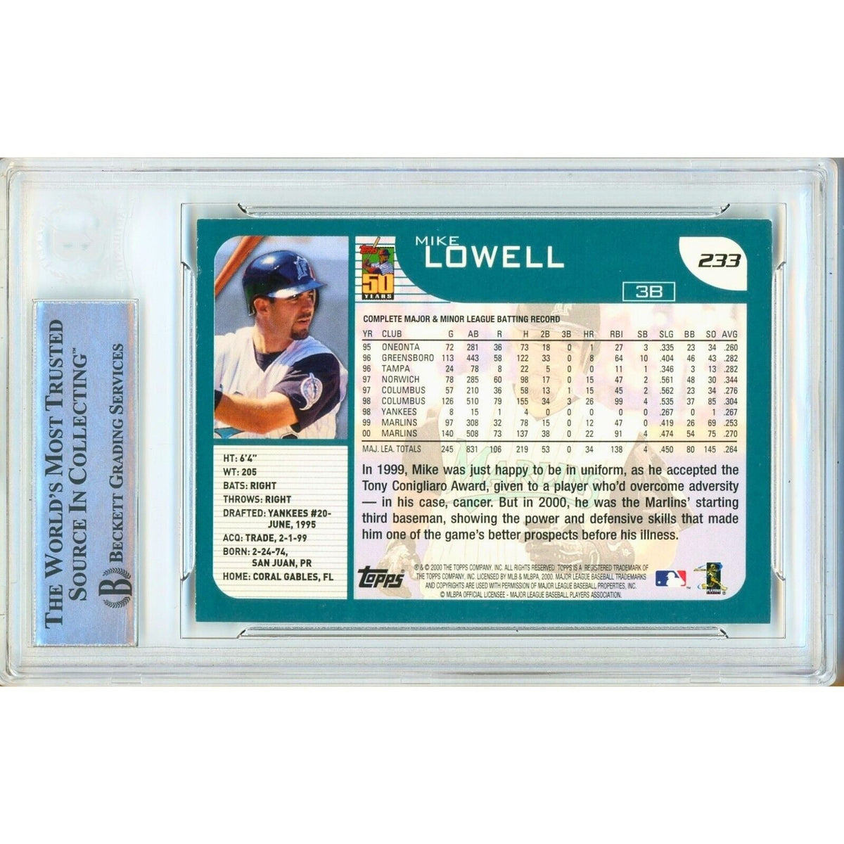 Mike Lowell Florida Marlins Signed Trading Card Beckett BAS