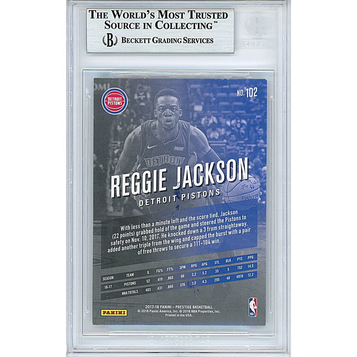 Reggie Jackson Signed Detroit Pistons Trading Card Beckett BGS