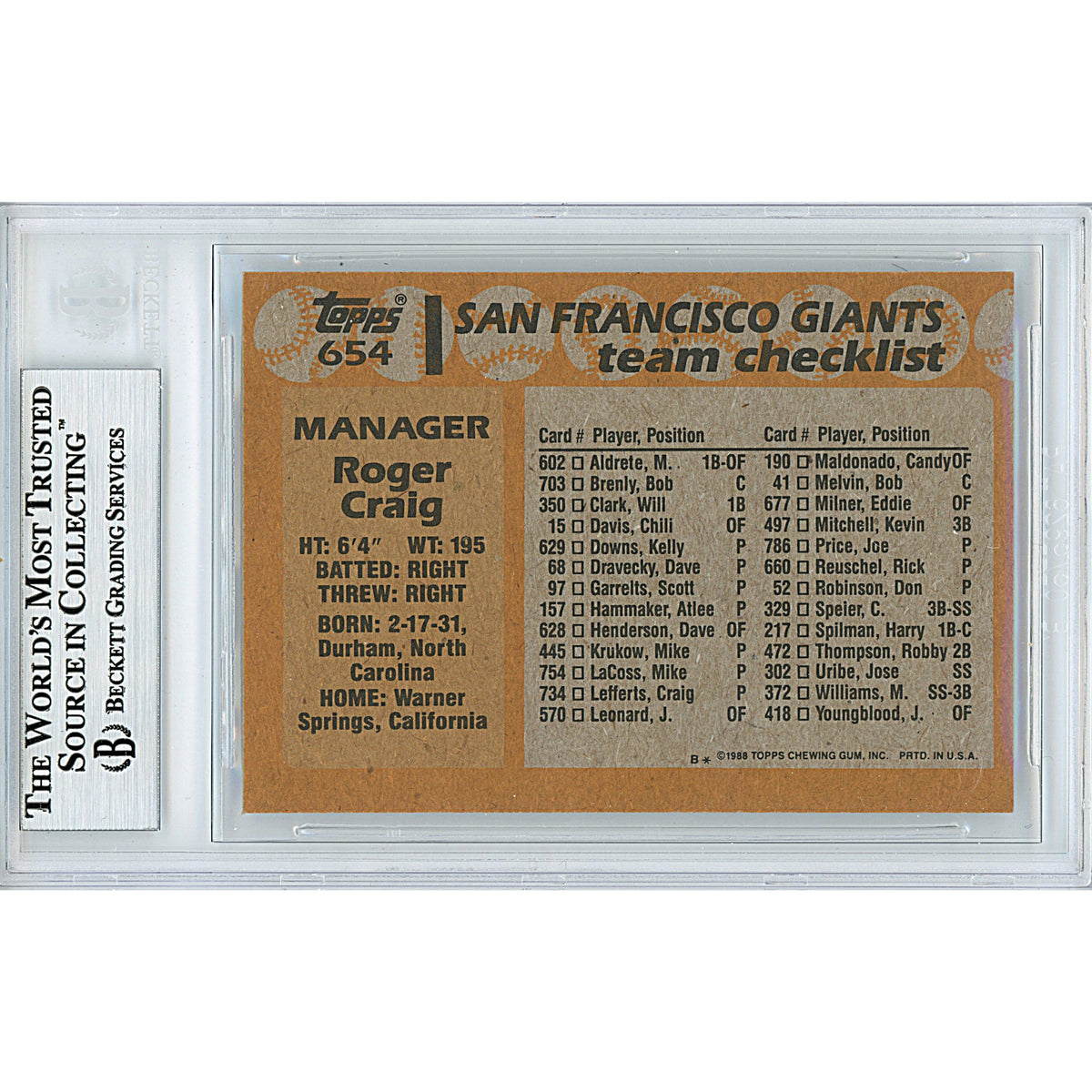 Roger Craig Signed San Francisco Trading Card Beckett BGS