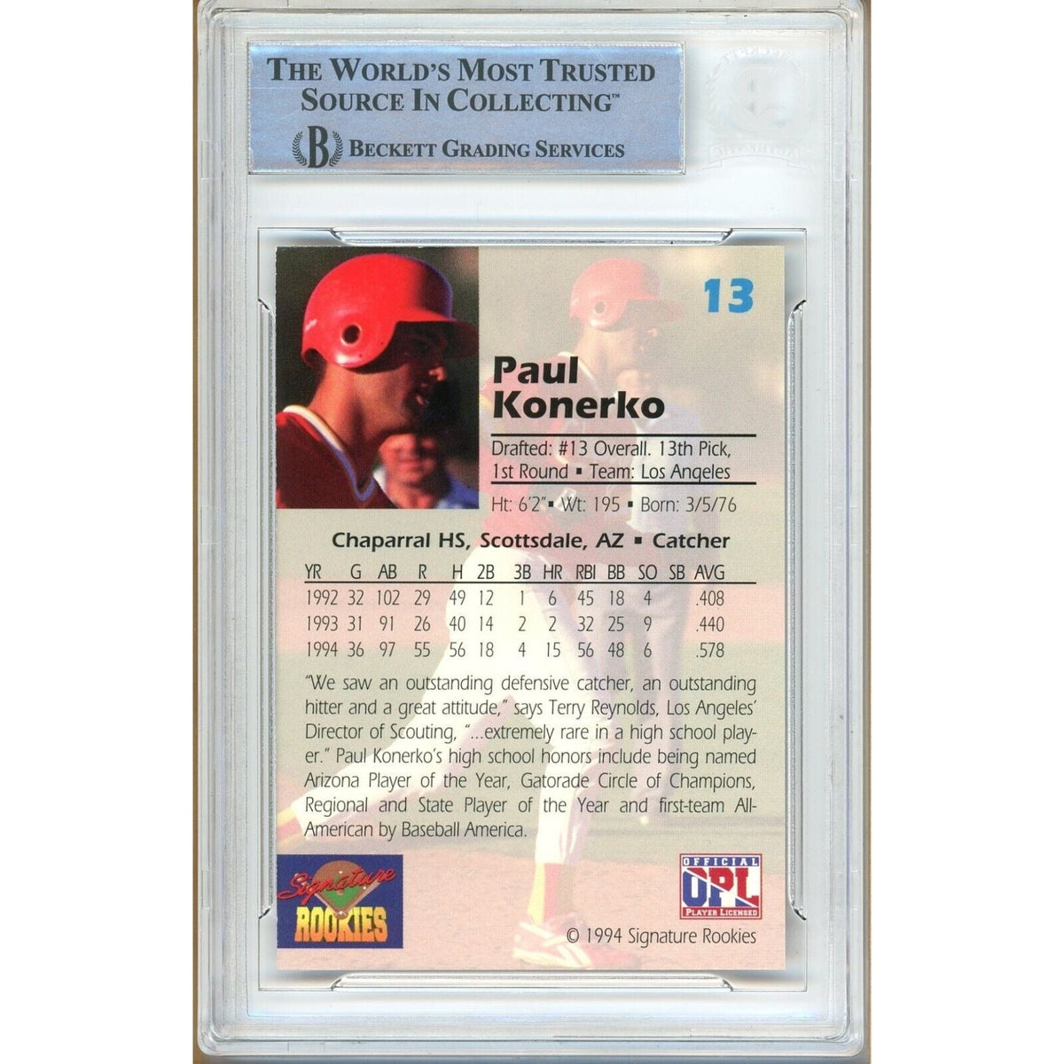 Paul Konerko Los Angeles Dodgers Signed Trading Card Beckett BAS