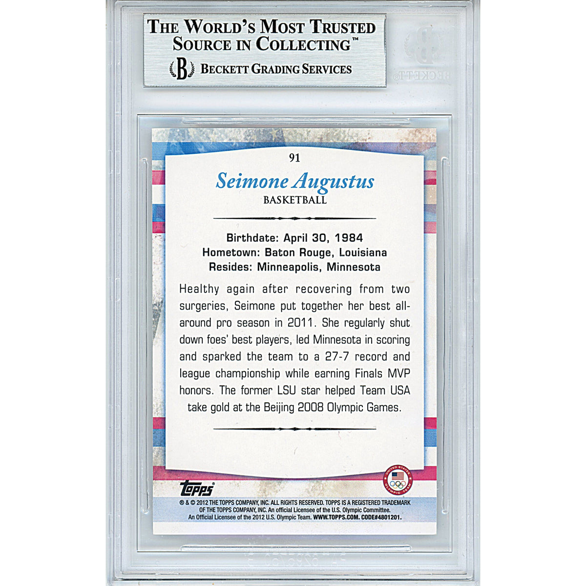 Seimone Augustus Signed Trading Card Beckett BGS