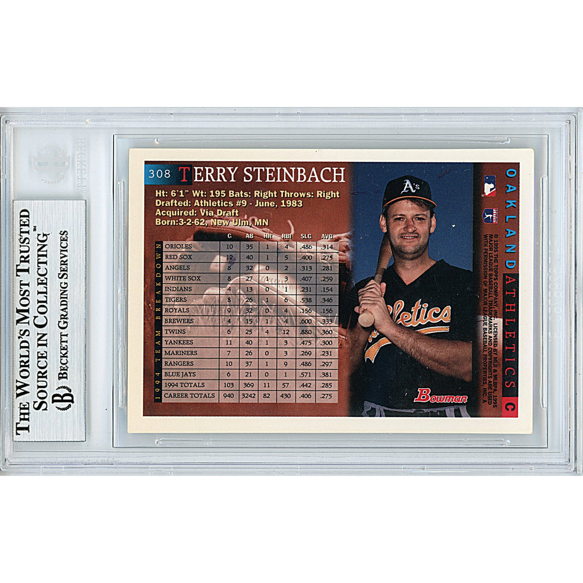 Terry Steinbach Signed Oakland Athletics Trading Card Beckett BGS