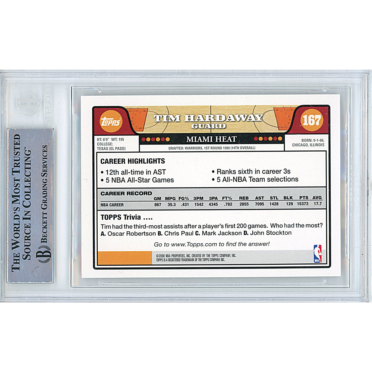 Tim Hardaway Signed Miami Heat Trading Card Beckett BGS