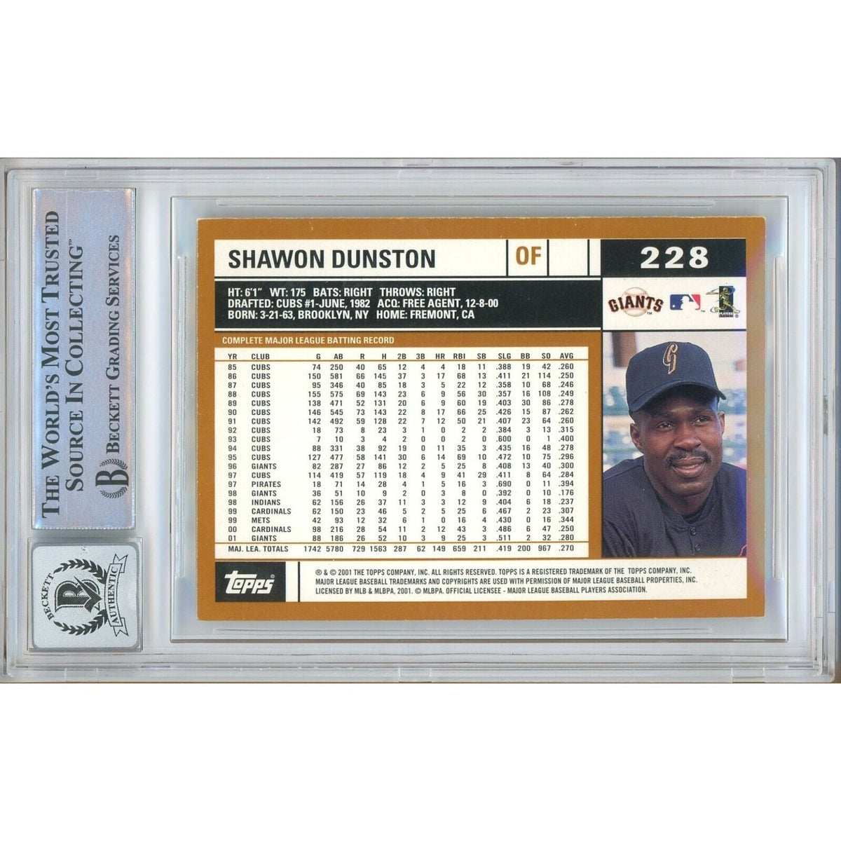 Shawon Dunston San Francisco Giants Signed Trading Card Beckett BGS