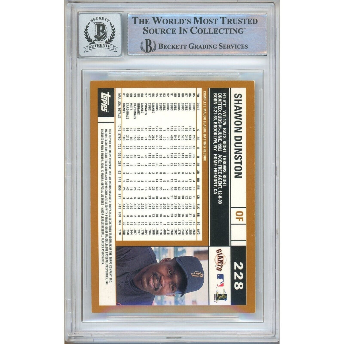 Shawon Dunston San Francisco Giants Autograph Trading Card Beckett BGS