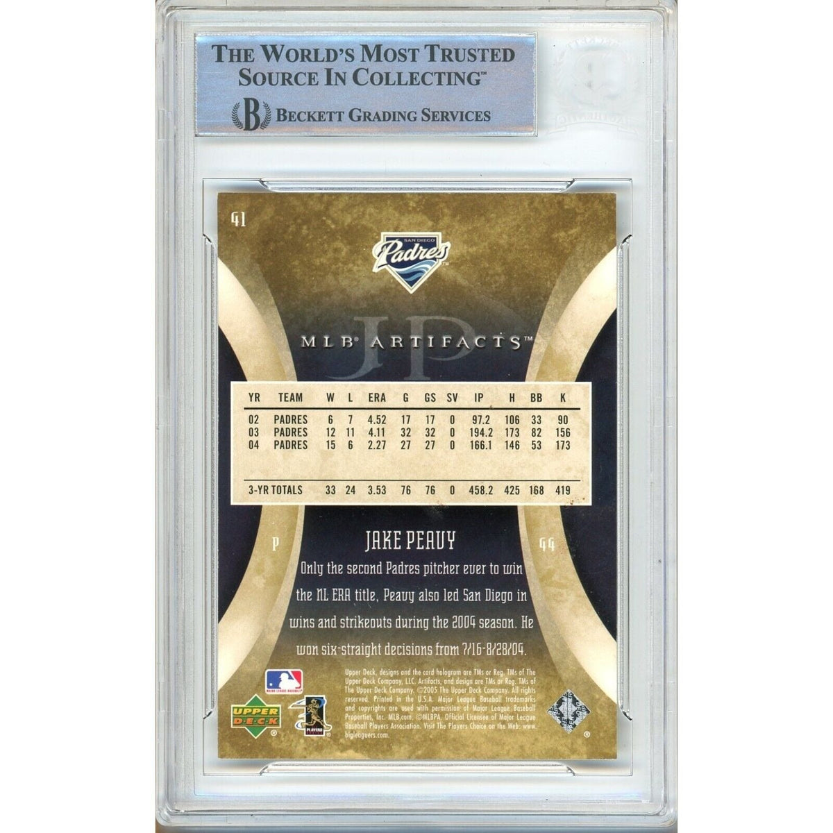 Jake Peavy Upper Deck Artifacts Signed Trading Card Beckett BAS