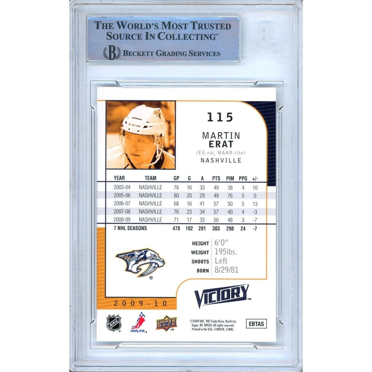 Martin Erat Nashville Predators Signed Trading Card Beckett BAS