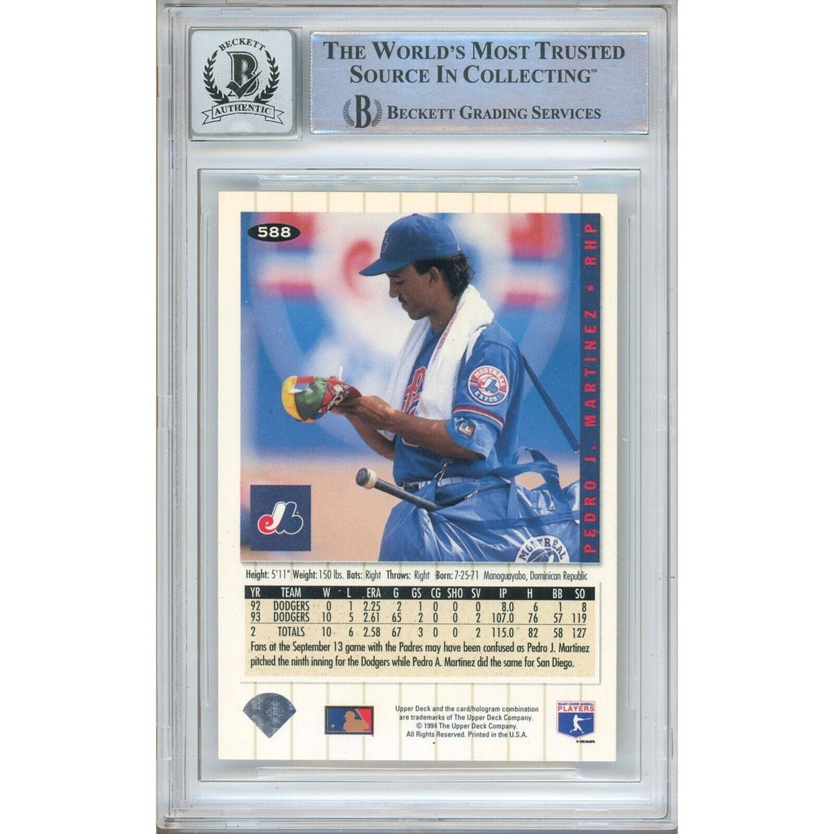 Pedro Martinez Montreal Expos Signed Trading Card Beckett BGS