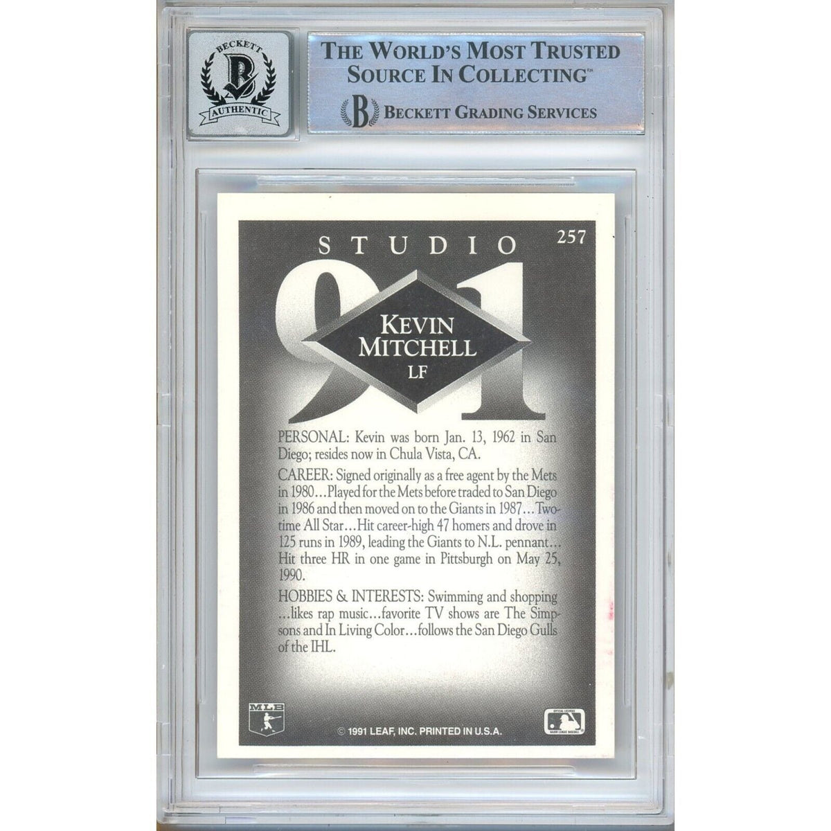 Kevin Mitchell Donruss Studio Signed Trading Card Beckett BGS