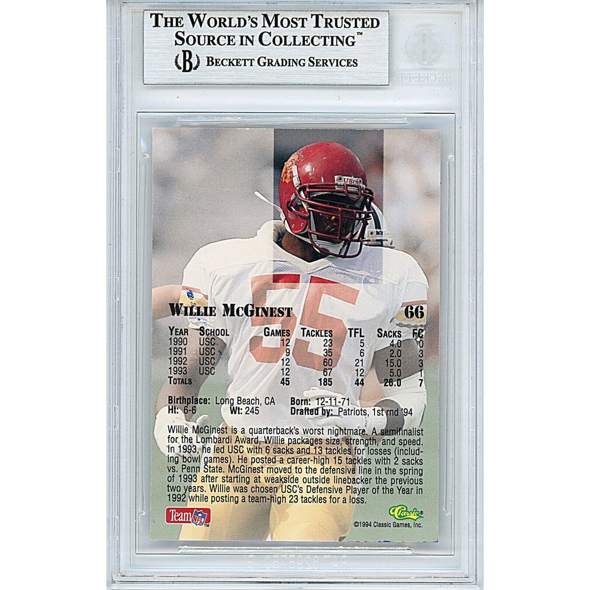 Willie New England Patriots Signed Trading Card Beckett BAS