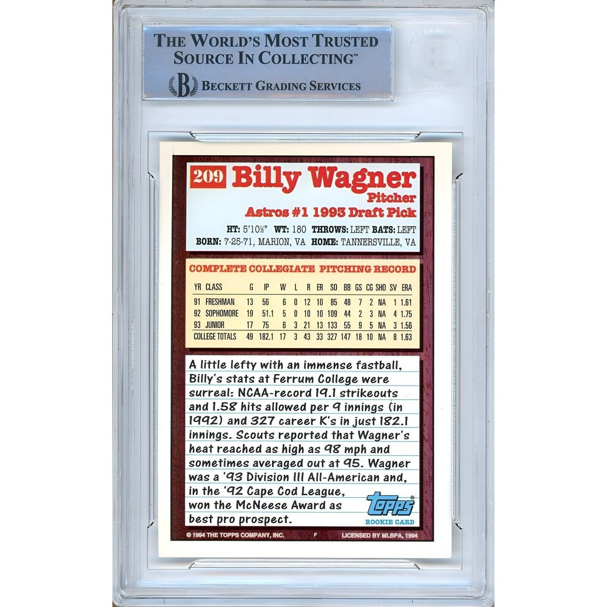 Billy Wagner Houston Astros Autographed Signed Trading Card Beckett BAS