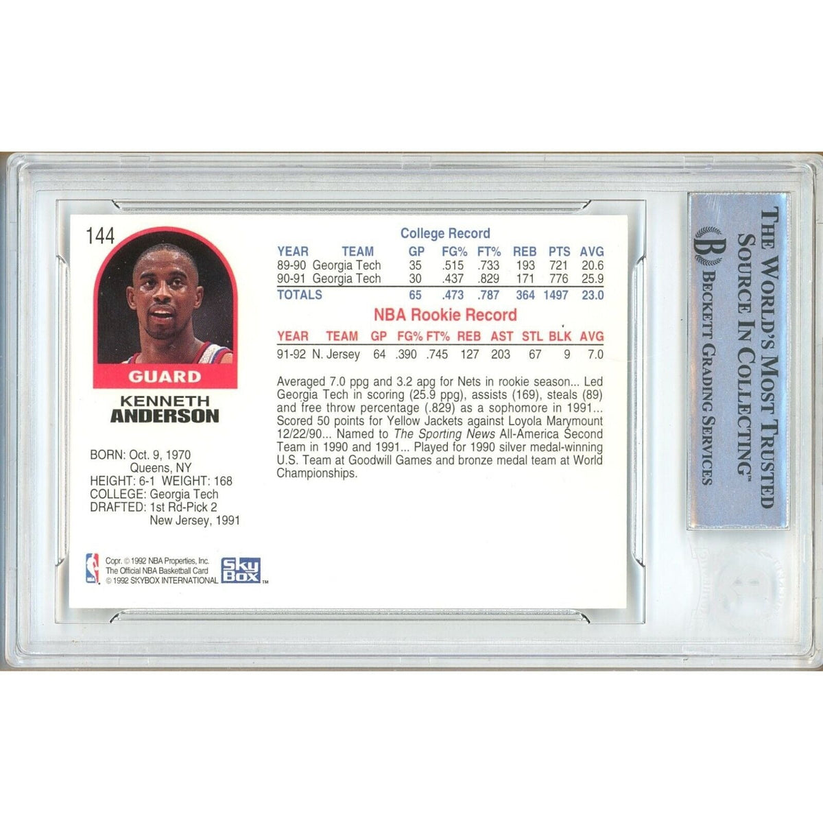 Kenny Anderson New Jersey Nets Signed Trading Card Beckett BAS
