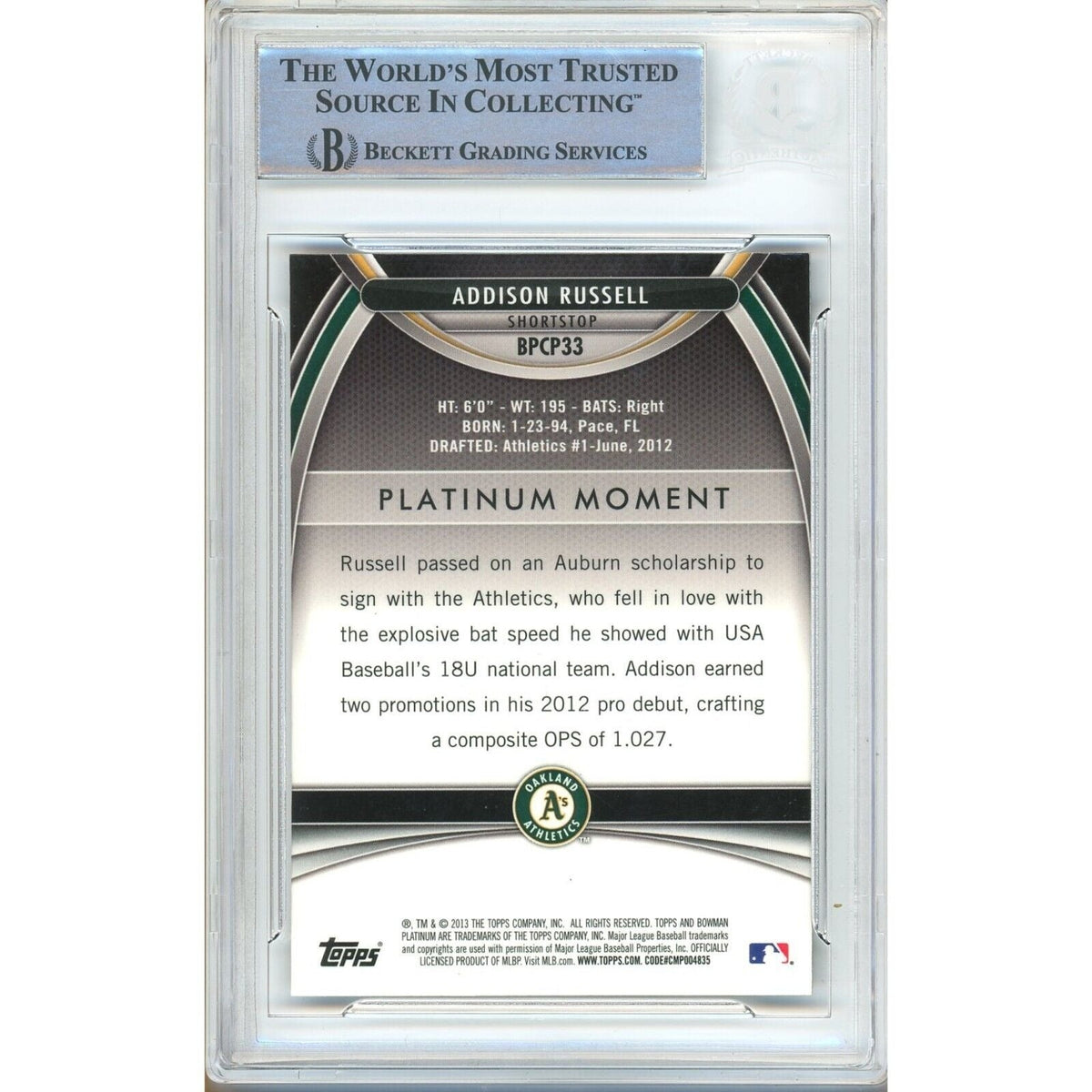 Addison Russell Bowman Platinum Chrome Purple Refractor Signed Trading Card Beckett BAS