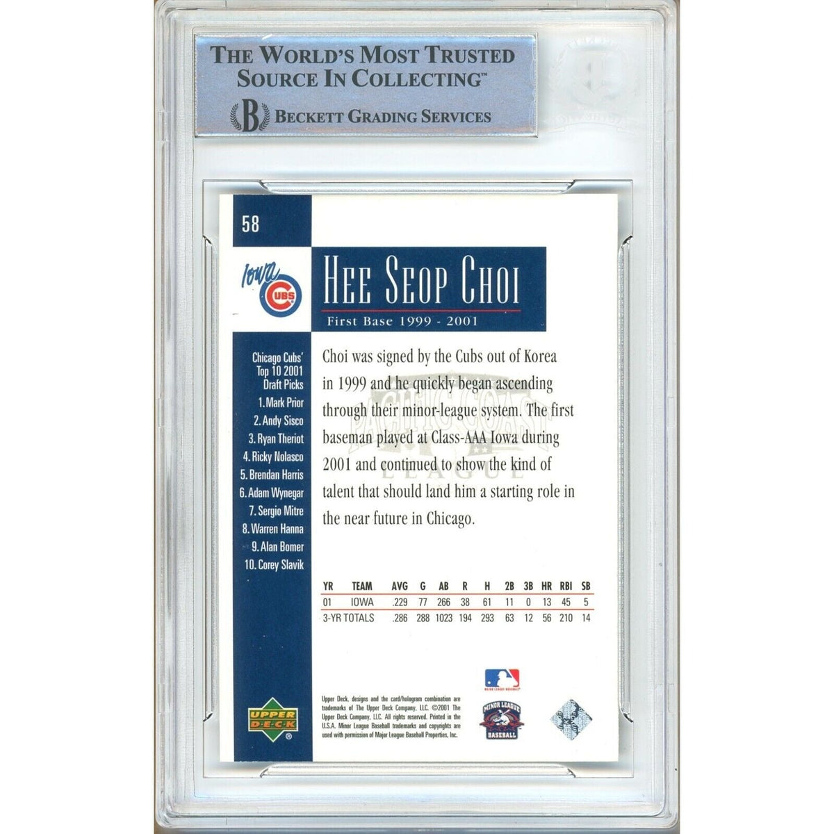 Hee Seop Upper Deck Minors Centennial Signed Trading Card Beckett BAS