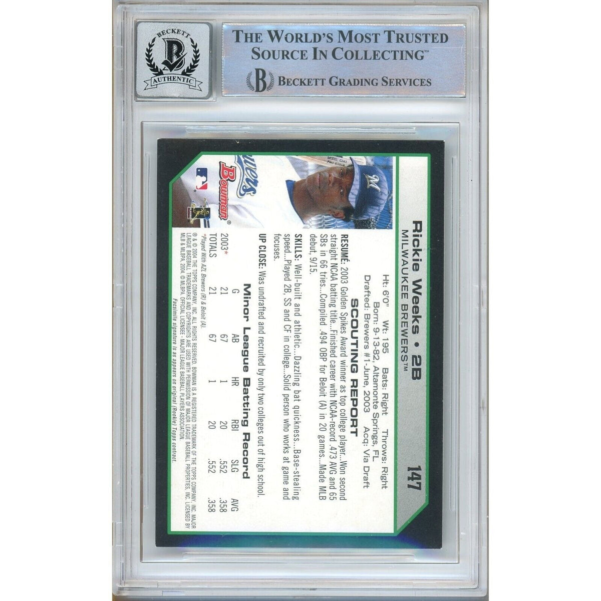 Rickie Weeks Milwaukee Brewers Signed Autograph Trading Card Beckett BGS