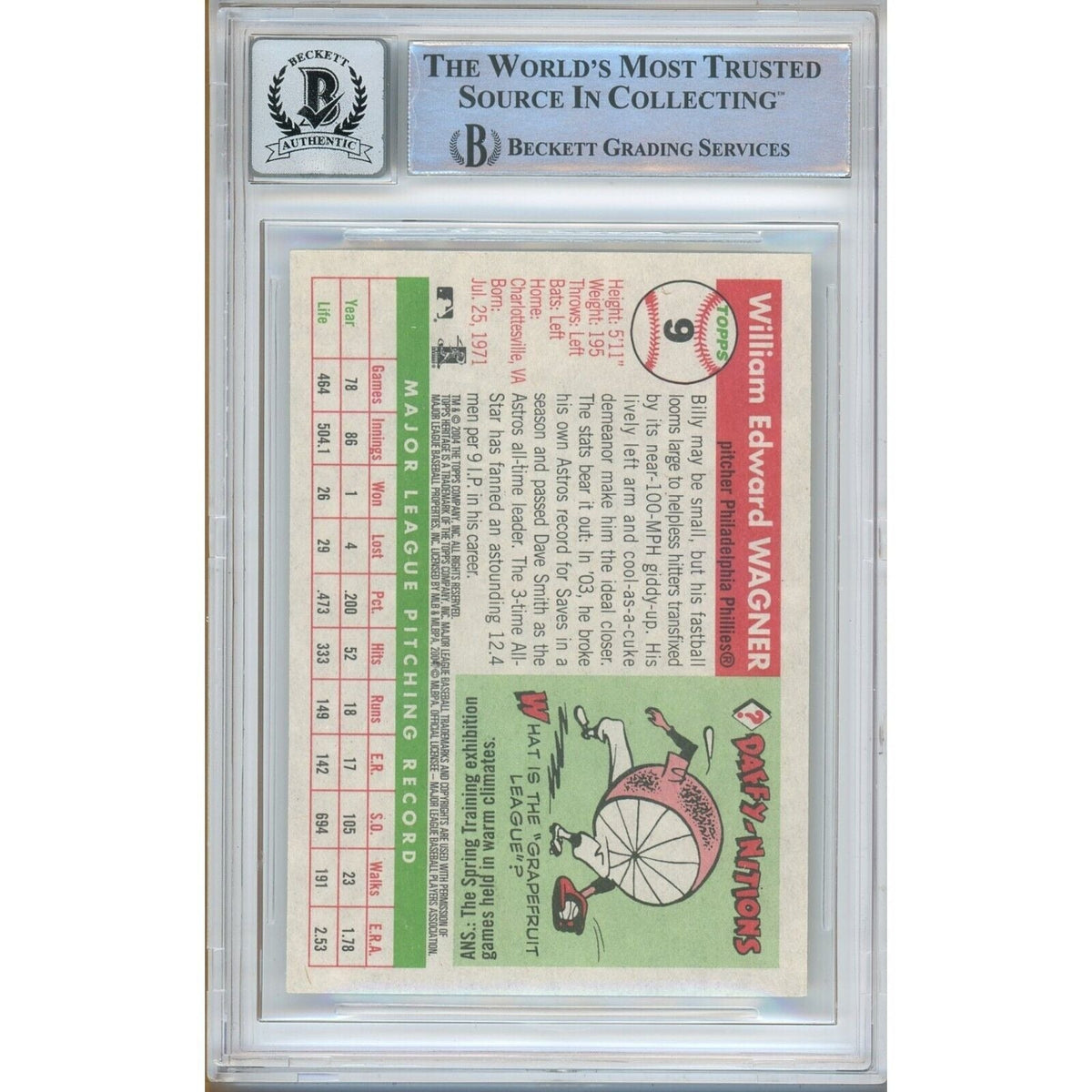 Billy Wagner Topps Heritage Auto Trading Card Beckett BGS